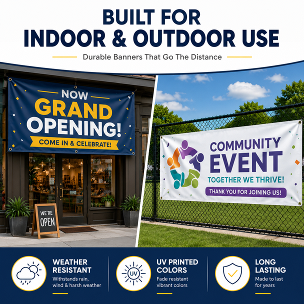 Custom vinyl banners with premium mesh, glossy, and matte material options. Durable indoor and outdoor banner printing with vibrant full-color graphics and weather-resistant quality.