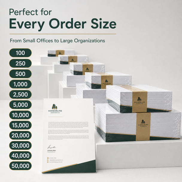Packaged Harborline Properties letterheads illustrate available order quantities ranging from 100 to 50,000 sheets.