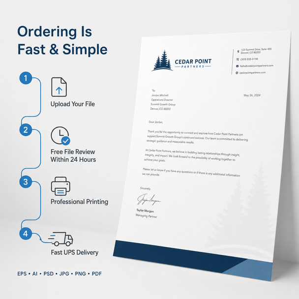 Cedar Point Partners letterhead with a four-step ordering process: upload artwork, file review, professional printing, and UPS delivery.