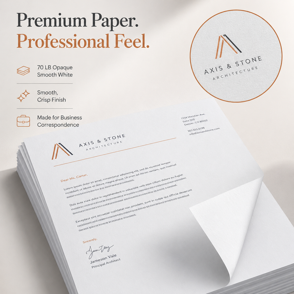 Axis & Stone Architecture letterhead printed on 70 lb. opaque smooth white paper with a close-up of its textured surface.