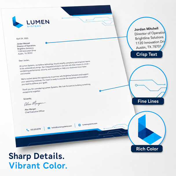 Blue Lumen Systems letterhead with magnified details highlighting crisp text, fine graphic lines, and rich full-color printing.