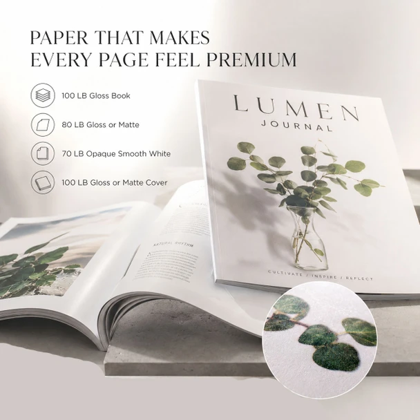 Open and closed botanical magazines displayed with gloss, matte, opaque smooth, and cover paper options.
