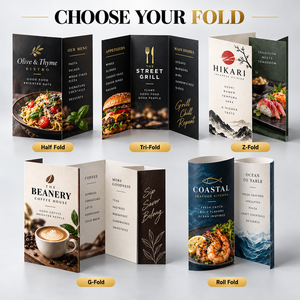 Five custom restaurant menus demonstrating half-fold, tri-fold, Z-fold, G-fold, and roll-fold configurations.