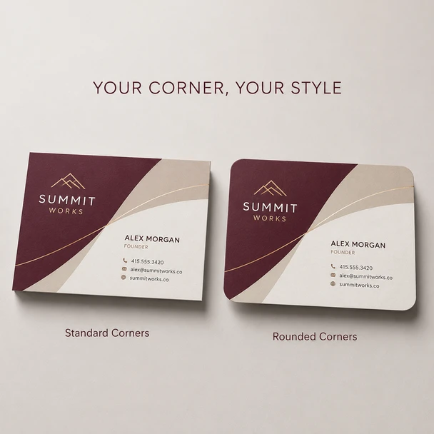 Custom business cards shown with standard square corners and optional rounded corners.