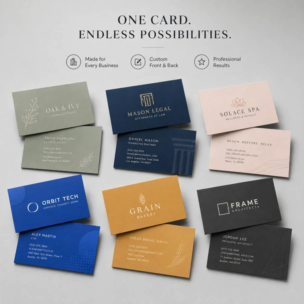 Colorful custom business cards designed for technology, legal, wellness, retail, and creative brands.