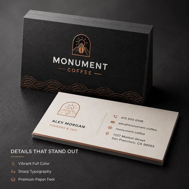 Black and cream custom business cards featuring vibrant full-color printing and sharp typography.