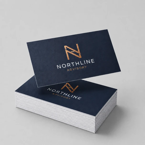 Stack of navy premium business cards with copper logo details on a light gray background