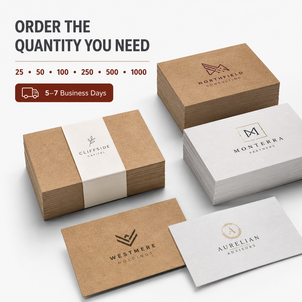 Stacks of Kraft and white ultra-premium business cards with quantities from 25 to 1,000 and 5–7 business-day production