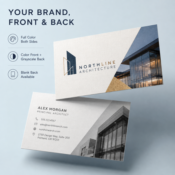 Front and back of a textured architecture business card showing full-color and grayscale printing