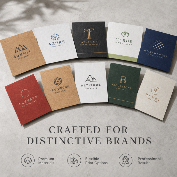 Collection of textured business cards in Kraft, white, black, green, navy, and red for distinctive brands