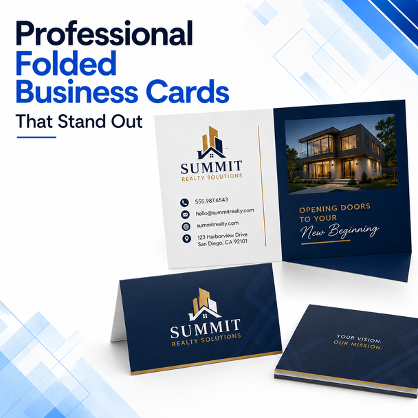 Professional navy and gold Folded Business Cards shown closed, open and stacked