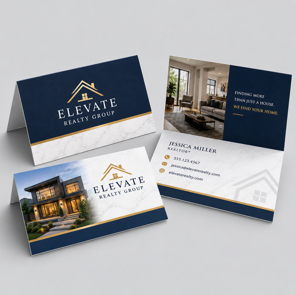 Custom real estate Folded Business Cards showing the exterior, interior and half-fold format