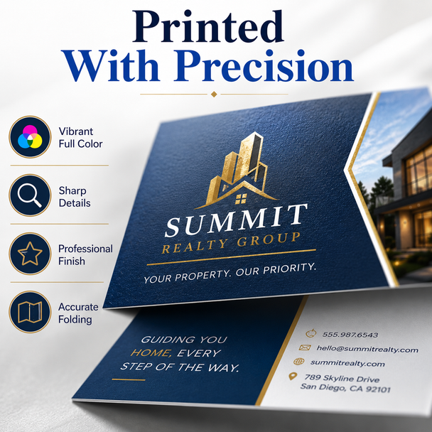 Close-up of a full-color Folded Business Card with sharp details and aligned half-fold