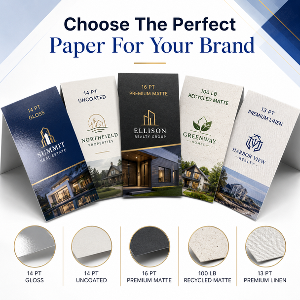 Folded Business Cards displayed in gloss, uncoated, premium matte, recycled matte and linen stocks