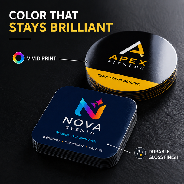 Glossy circle and rounded-square business cards with vivid full-color printing