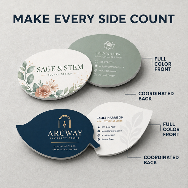 Circle and leaf-shaped business cards with full-color fronts and coordinated printed backs