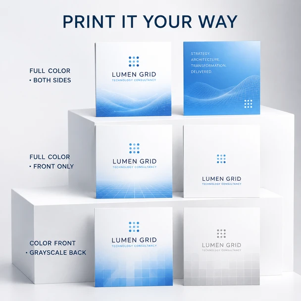 Square business cards comparing full-color both sides, full-color front only, and grayscale-back printing
