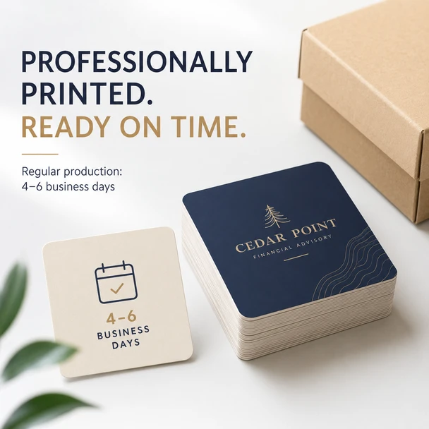 Stack of navy rounded square business cards beside a 4–6 business-day production notice