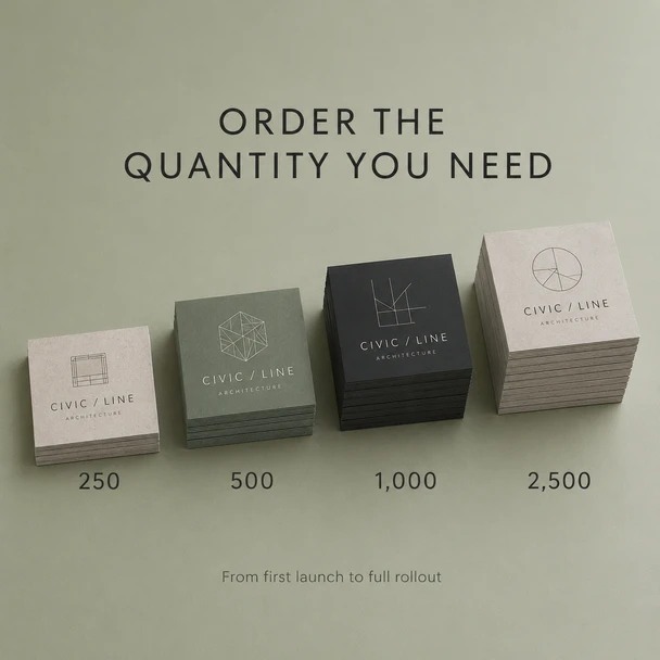 Four stacks of square business cards illustrating quantities of 250, 500, 1,000, and 2,500