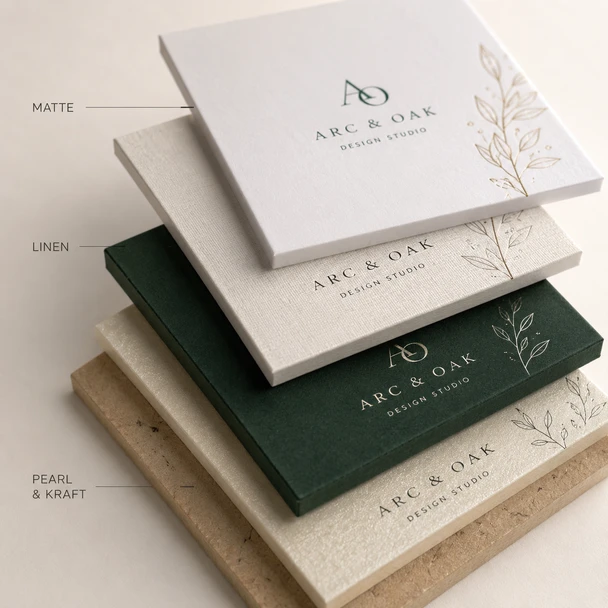Stacked square business cards showing matte, linen, pearl, and Kraft paper finishes