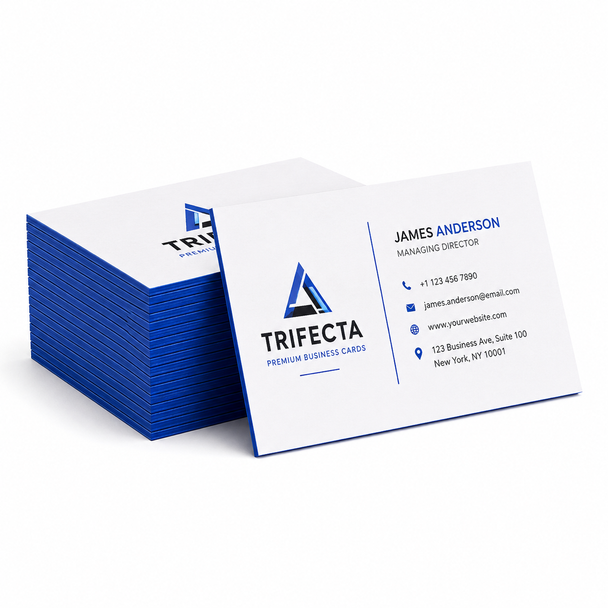 Custom Trifecta Business Cards Collection – Premium 38PT Velvet Soft-Touch Business Cards with Green, Blue, Red & Black Colored Edges, Luxury Thick Stock Design