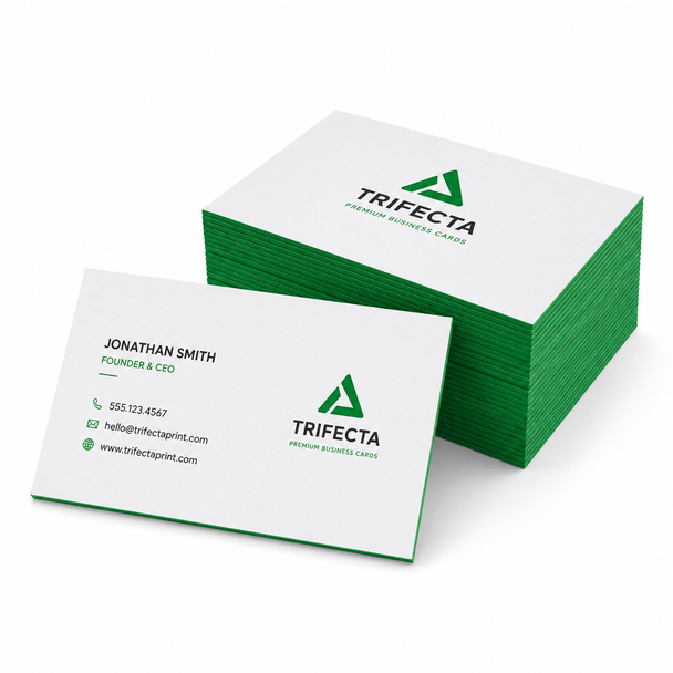 Custom Trifecta Business Cards Collection – Premium 38PT Velvet Soft-Touch Business Cards with Green, Blue, Red & Black Colored Edges, Luxury Thick Stock Design