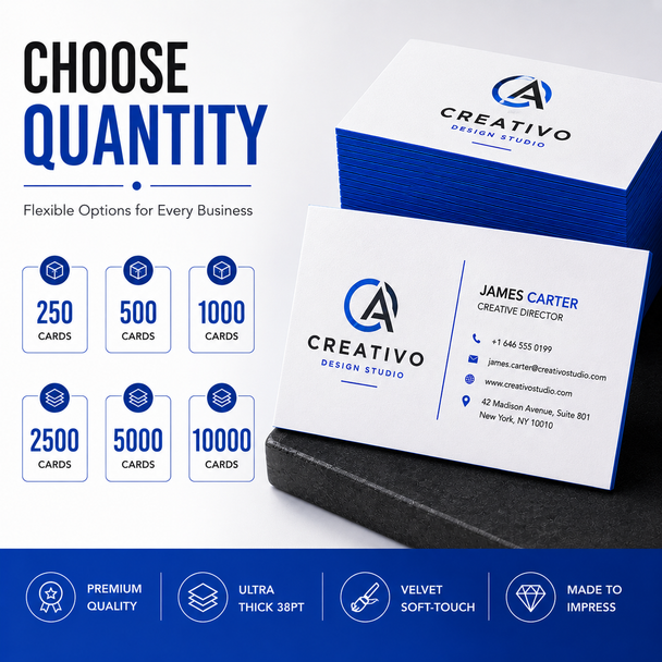 Custom Trifecta Business Cards Collection – Premium 38PT Velvet Soft-Touch Business Cards with Green, Blue, Red & Black Colored Edges, Luxury Thick Stock Design