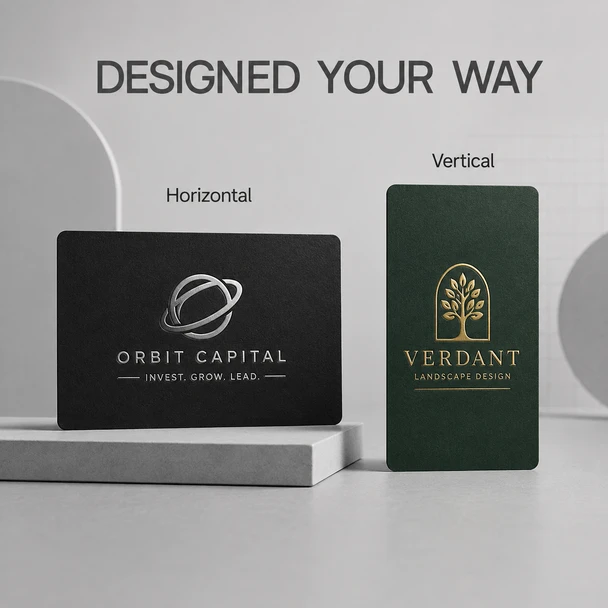 Horizontal silver foil and vertical gold foil luxury business card design orientations