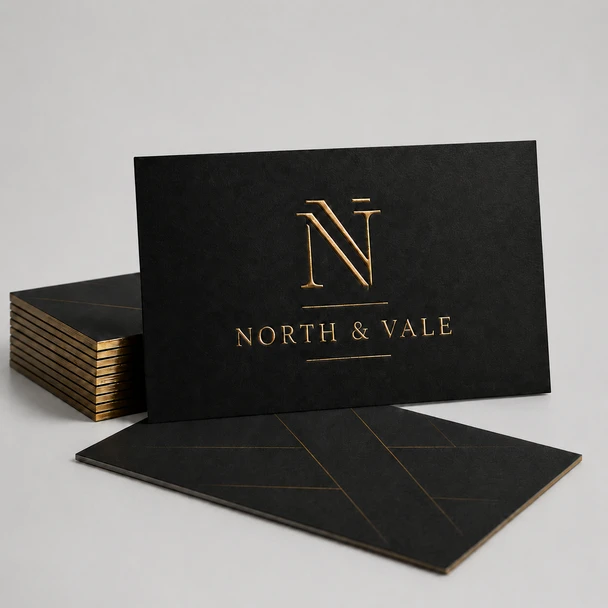 Black luxury business cards with raised gold foil North & Vale logo and matching gold-edged stack