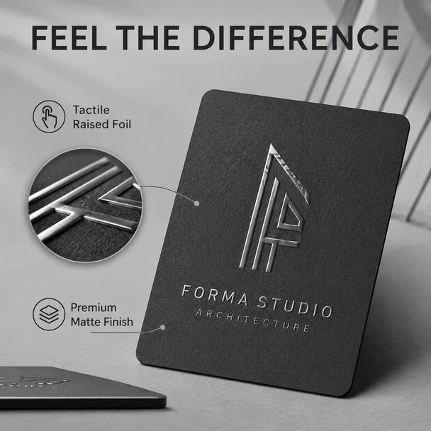 Black rounded-corner business card showing tactile silver raised foil and a premium matte finish