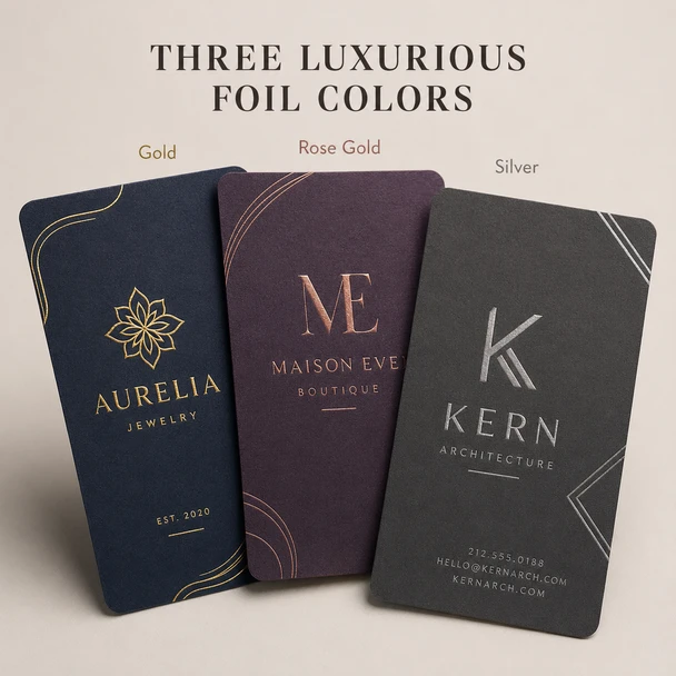 Luxury business cards displaying Gold, Rose Gold and Silver raised foil color options