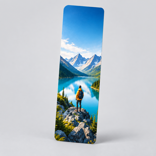 Rounded-corner custom bookmark featuring a hiker overlooking a blue mountain lake beneath a bright sky.
