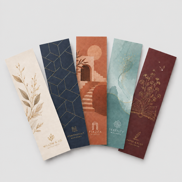 Five custom premium bookmarks with botanical, geometric, architectural, watercolor, and literary designs arranged on a white background.