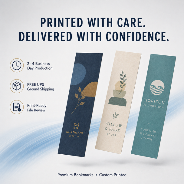 Three custom premium bookmarks displayed with production, shipping, and print-ready file-review information.
