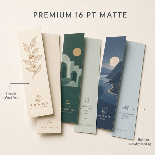 Premium 16 pt matte bookmarks featuring botanical, architectural, and landscape designs with smooth textured finishes.