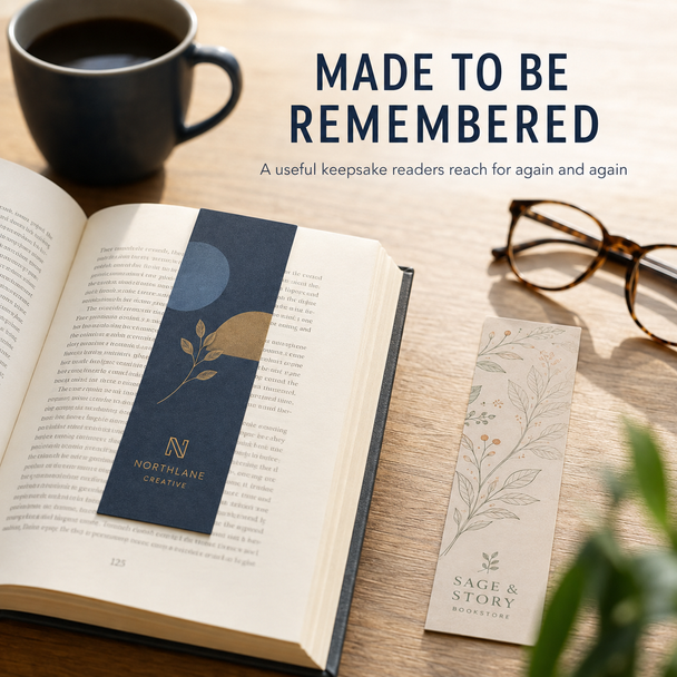 Two custom premium bookmarks displayed beside an open book, coffee cup, and reading glasses.