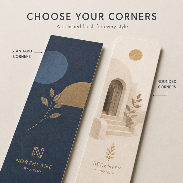 Two premium bookmarks comparing standard square corners with optional rounded corners.
