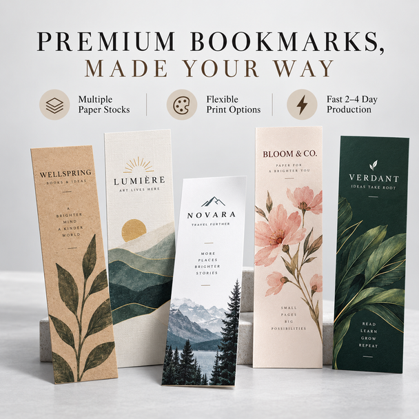 Five ultra premium bookmarks showcasing varied paper stocks, full-color artwork, and botanical, landscape, and minimalist designs.