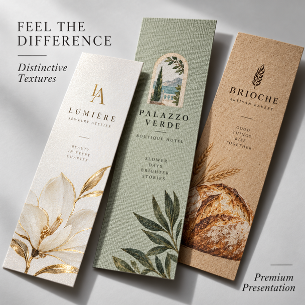 White, textured green, and Kraft bookmarks demonstrating distinctive premium paper textures and printed designs.