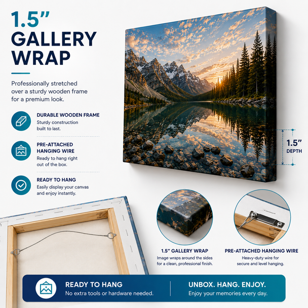 Premium custom canvas wall art featuring a stunning mountain lake landscape with snow-capped peaks and golden sunset reflections. Displayed in a luxury light gray studio background with a clean, modern, minimalist style. High-quality gallery-wrapped canvas print with realistic texture, elegant presentation, and professional home or office décor appeal.