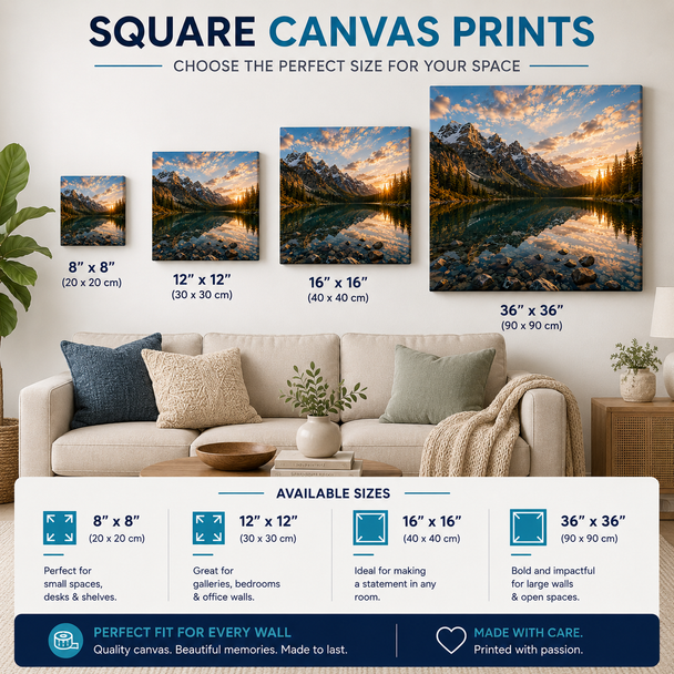 Premium custom canvas wall art featuring a stunning mountain lake landscape with snow-capped peaks and golden sunset reflections. Displayed in a luxury light gray studio background with a clean, modern, minimalist style. High-quality gallery-wrapped canvas print with realistic texture, elegant presentation, and professional home or office décor appeal.