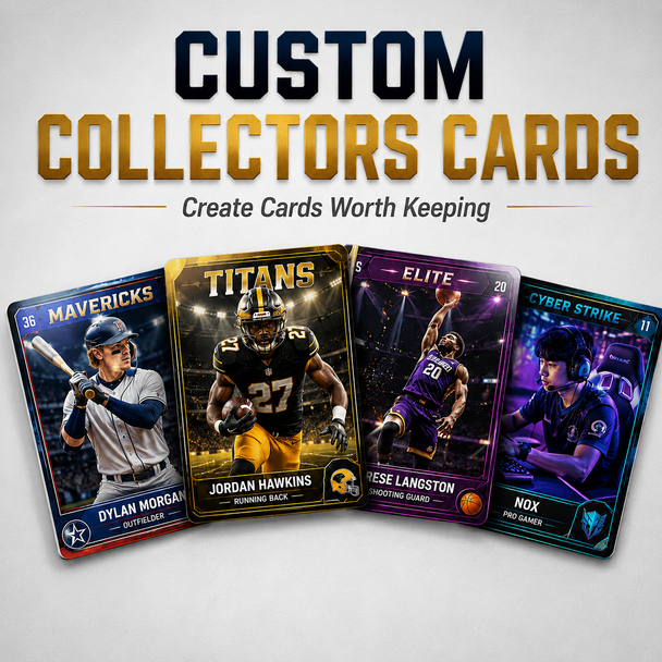 Assorted custom collectors card paper stocks including gloss matte and linen
