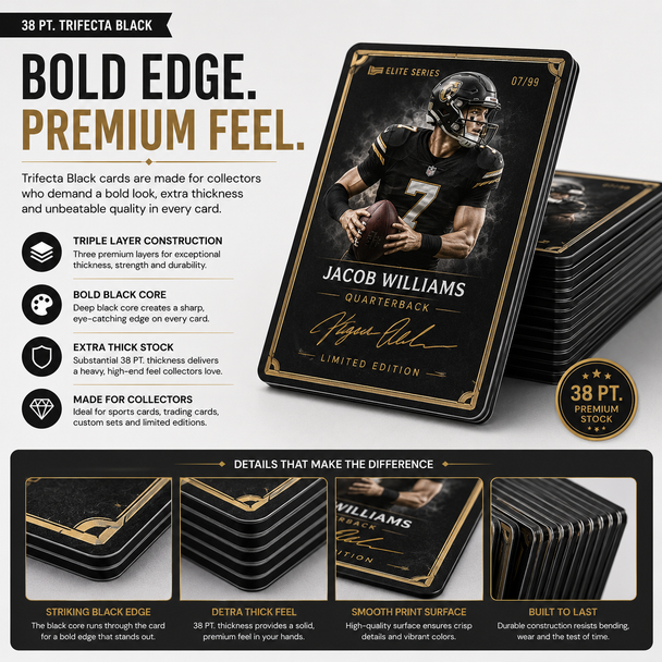 Custom printed Trifecta collectors card featuring 38pt black colored center edge