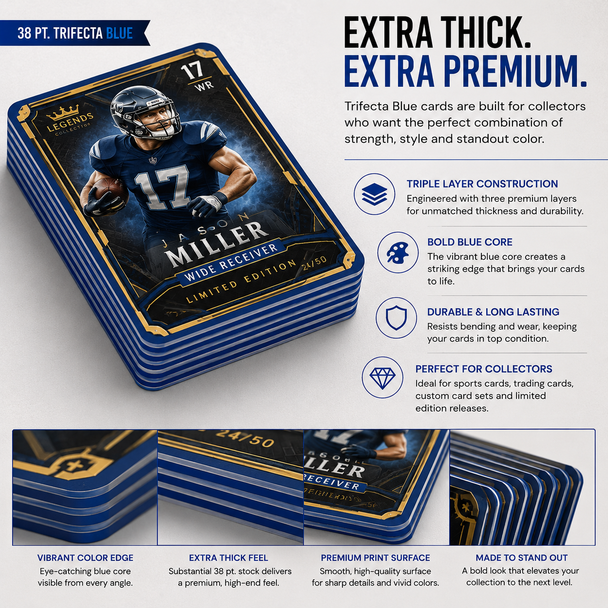 Custom printed Trifecta collectors card featuring 38pt black colored center edge