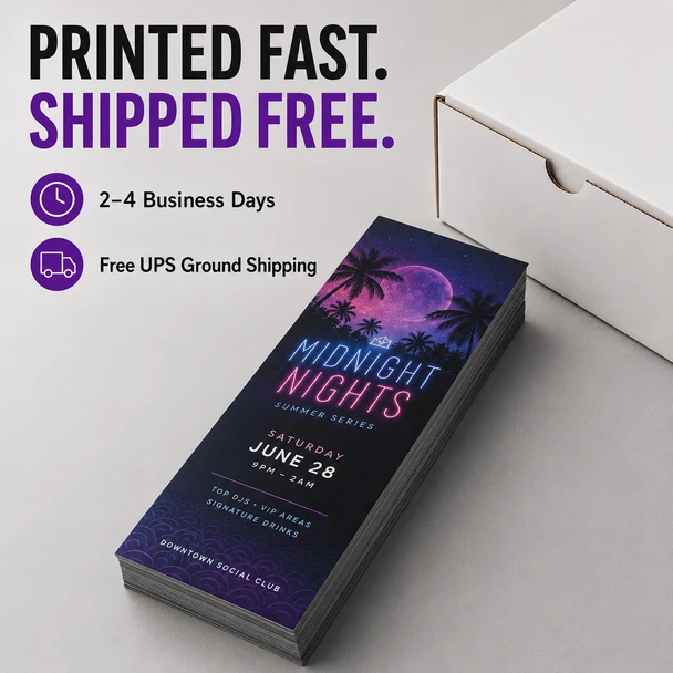 Stack of Midnight Nights club flyers beside a shipping box with 2–4-business-day production and free UPS Ground shipping information.