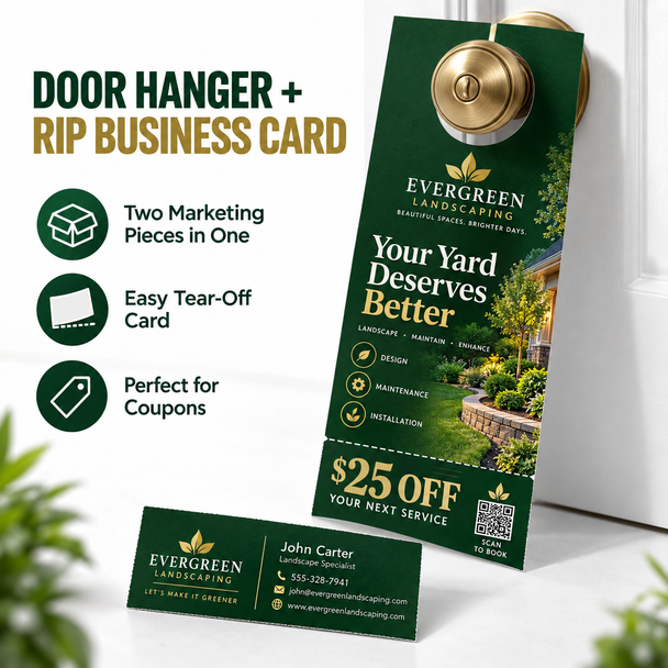 Green landscaping door hanger with a perforated tear-off business card displayed on a brass doorknob.