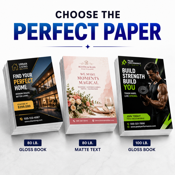 Three stacks of custom flyers demonstrating 80 lb. Gloss Book, 80 lb. Matte Text, and 100 lb. Gloss Book paper options.