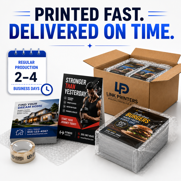 Packaged stacks of real estate, fitness, and restaurant flyers beside a Link Printers shipping box and a 2–4-business-day production notice.
