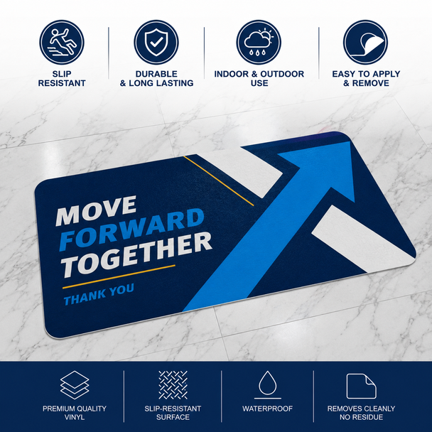 Custom printed floor decal with slip-resistant vinyl surface available in rounded rectangle, square, and circle shapes for indoor and outdoor business branding, promotional graphics, logos, and floor signage.