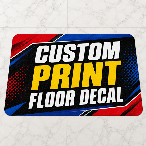 Custom printed floor decal with slip-resistant vinyl surface available in rounded rectangle, square, and circle shapes for indoor and outdoor business branding, promotional graphics, logos, and floor signage.